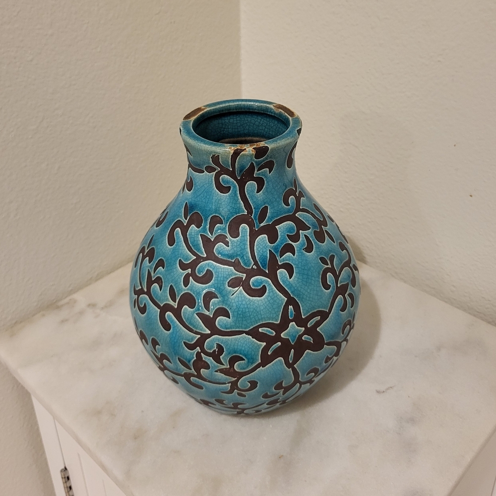 Hobby Lobby Turquoise Vase with Brown Floral Relief